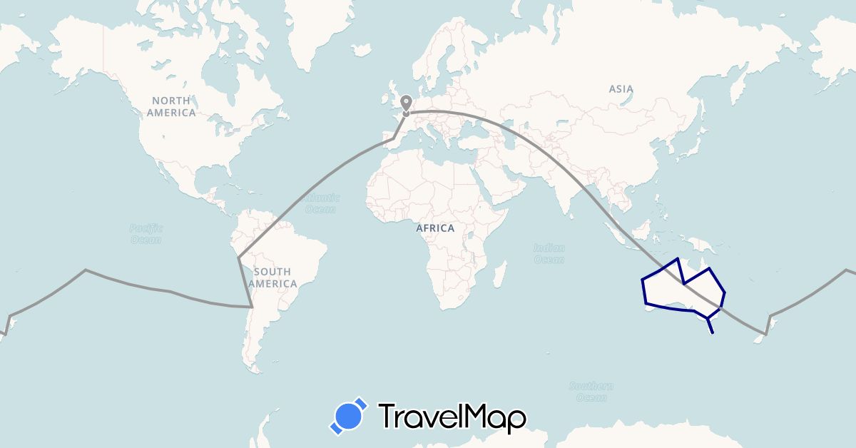 TravelMap itinerary: driving, plane in Australia, Chile, Spain, France, New Zealand, Peru, French Polynesia, Singapore (Asia, Europe, Oceania, South America)